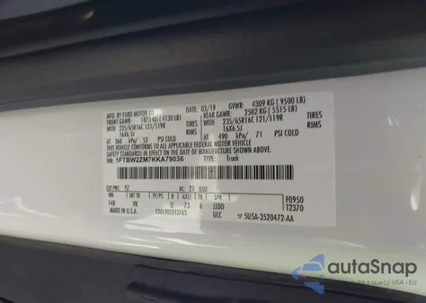 2019 Ford Transit-350 z USA, uszkodzony, nr VIN 1FTBW2ZM7KKA79036